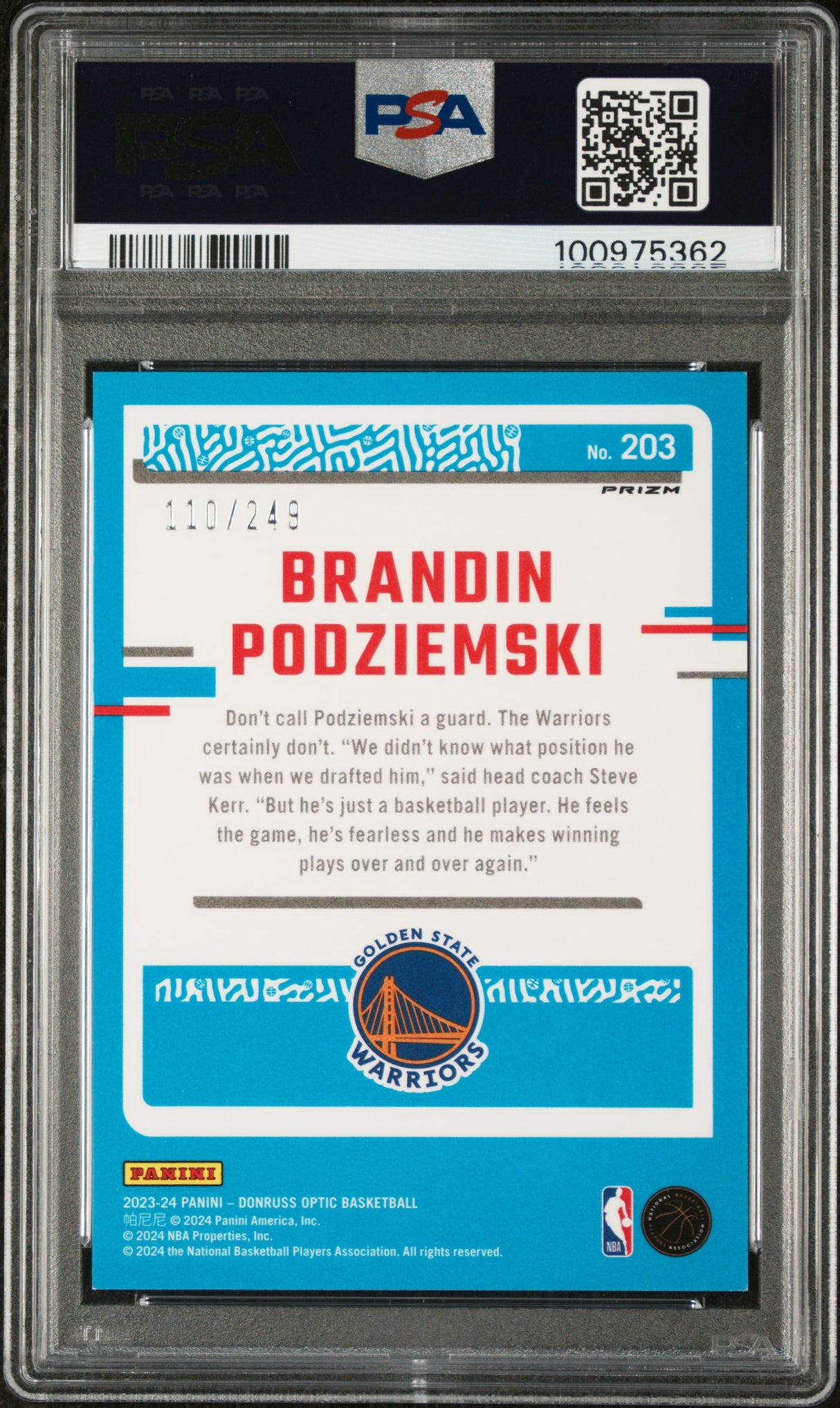 NBA Graded Card 2023 Panini Donruss Optic [203 Brandin Podziemski Aqua PSA 8