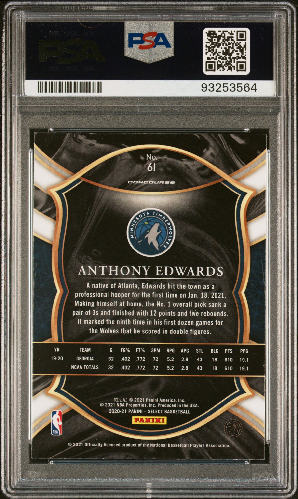 NBA Graded Card 2020 Panini Select [61 Anthony Edwards PSA 9