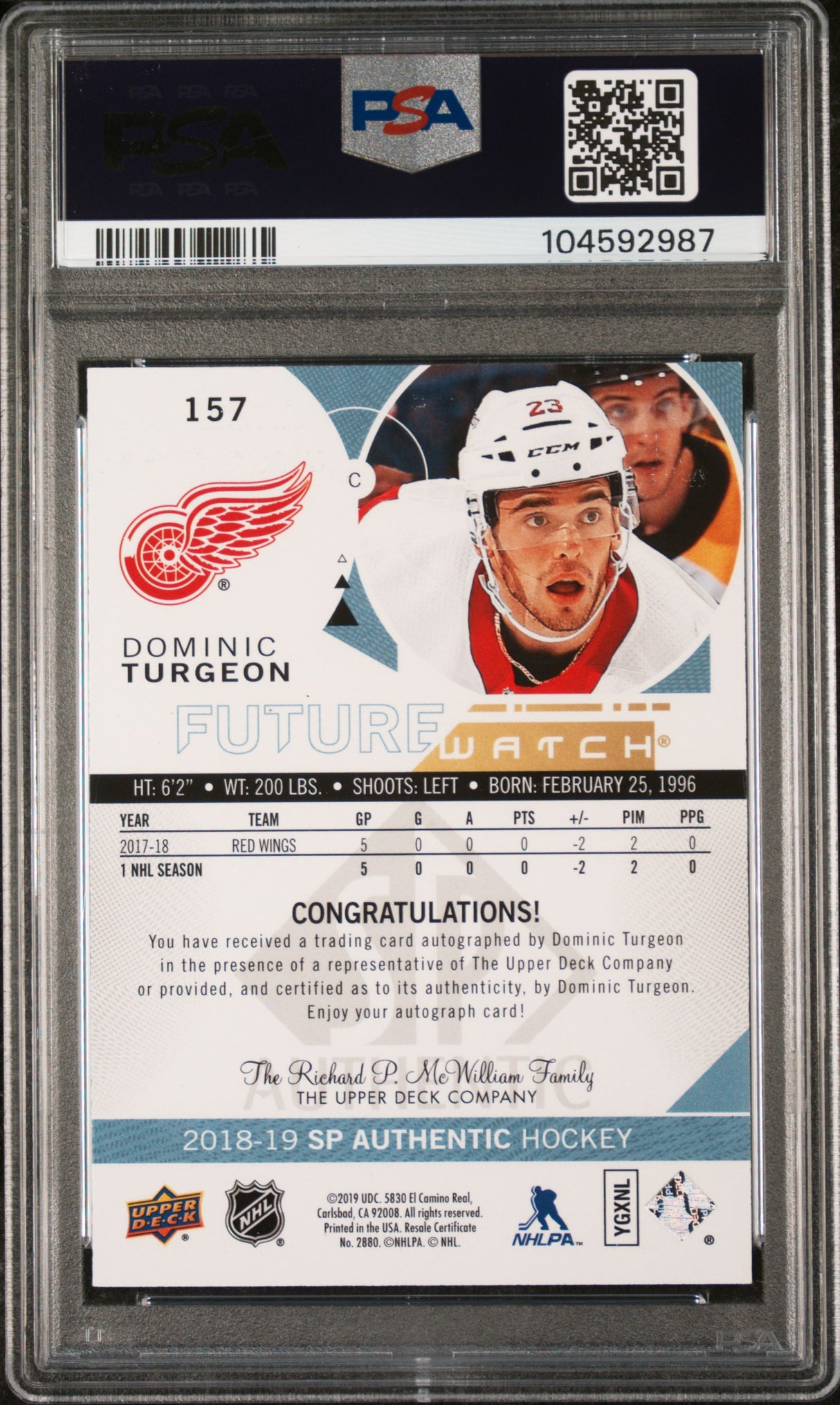 NHL Graded Card 2018 Sp Authentic [157 Dominic Turgeon Autograph-Inscription PSA 9