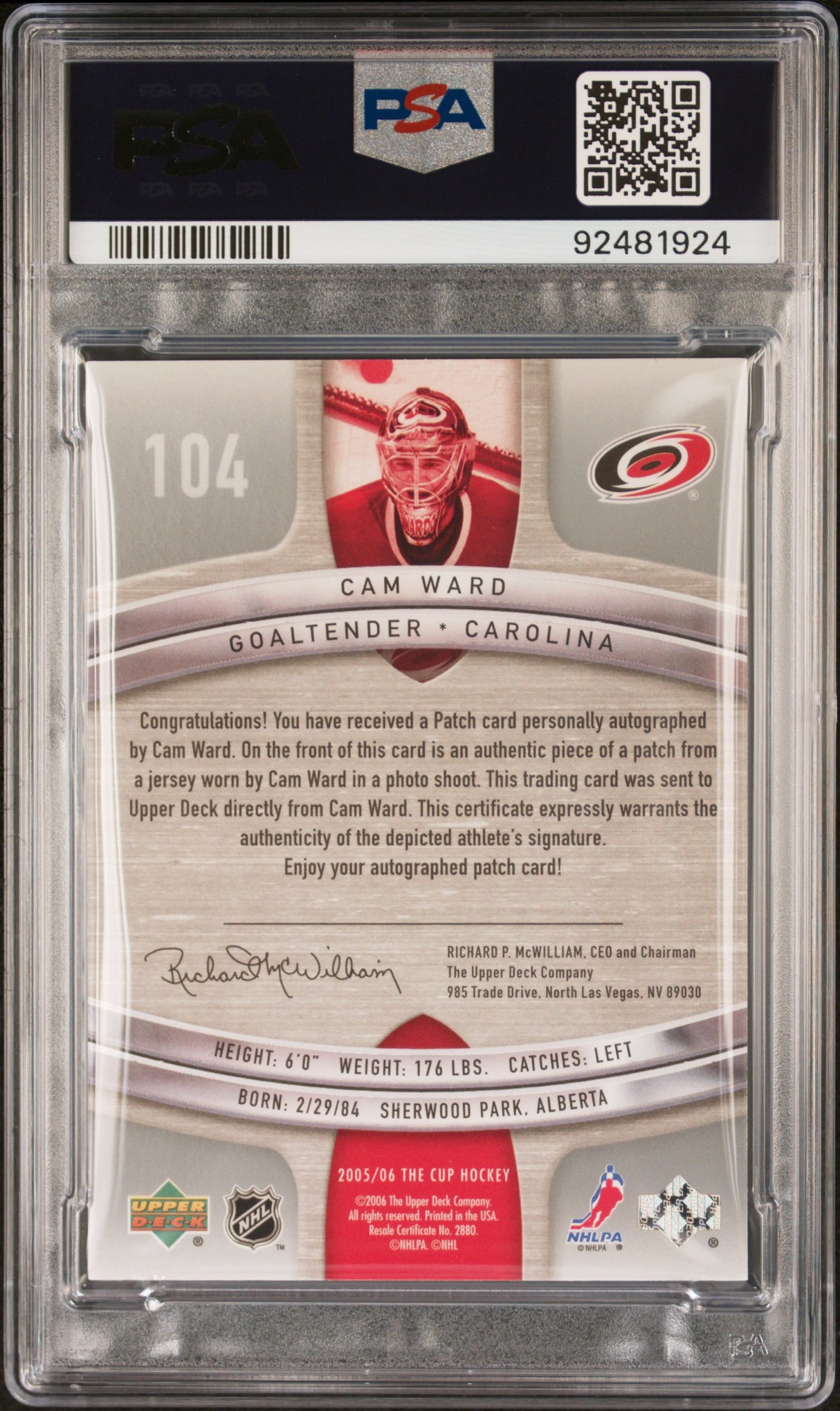 NHL Graded Card 2005 Upper Deck The Cup [104 Cam Ward Autograph Patch PSA 9