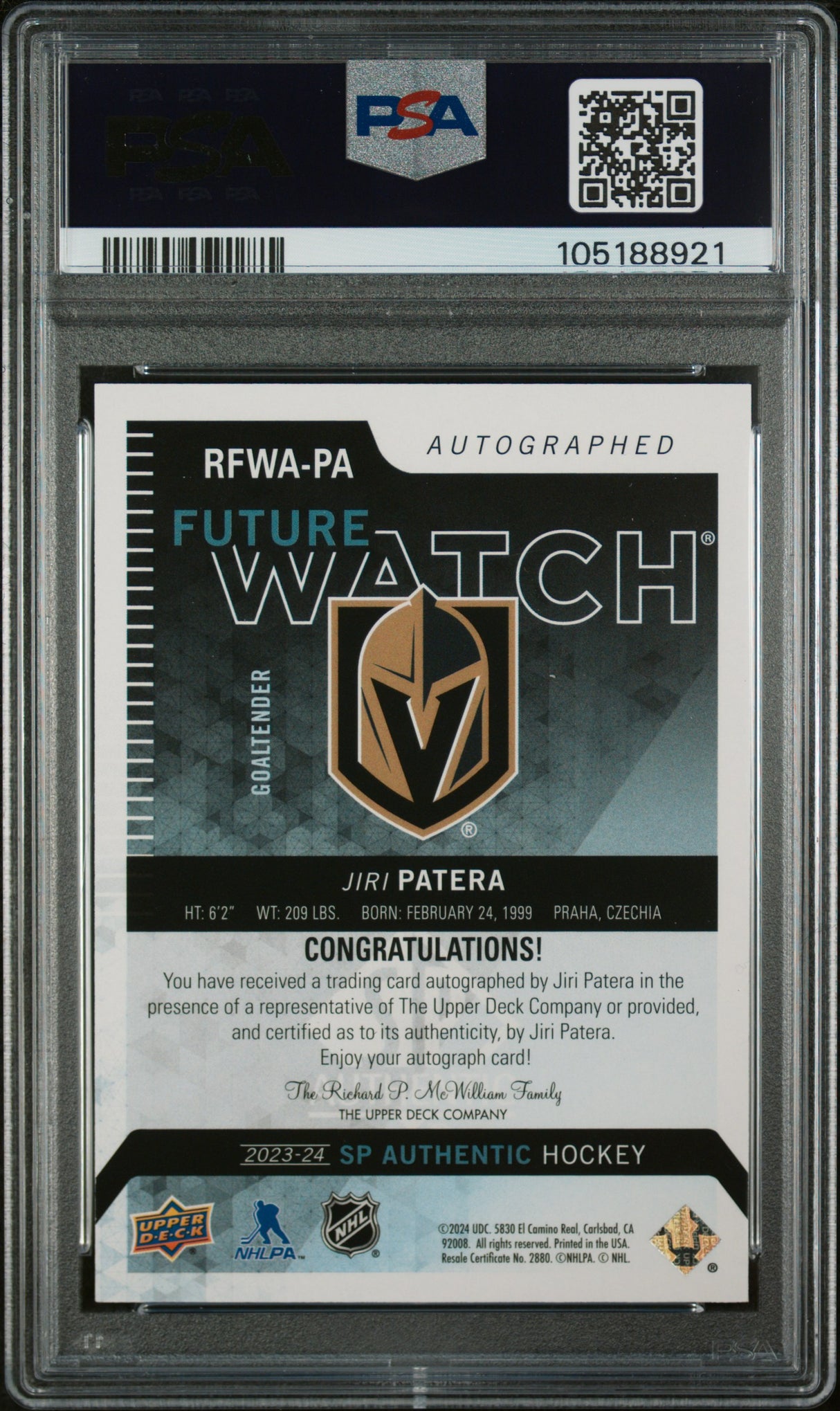 NHL Graded Card 2023 S 2013-14 Retro Autograph Future Watch [RFWAPA Jiri Patera 2013 PSA 10