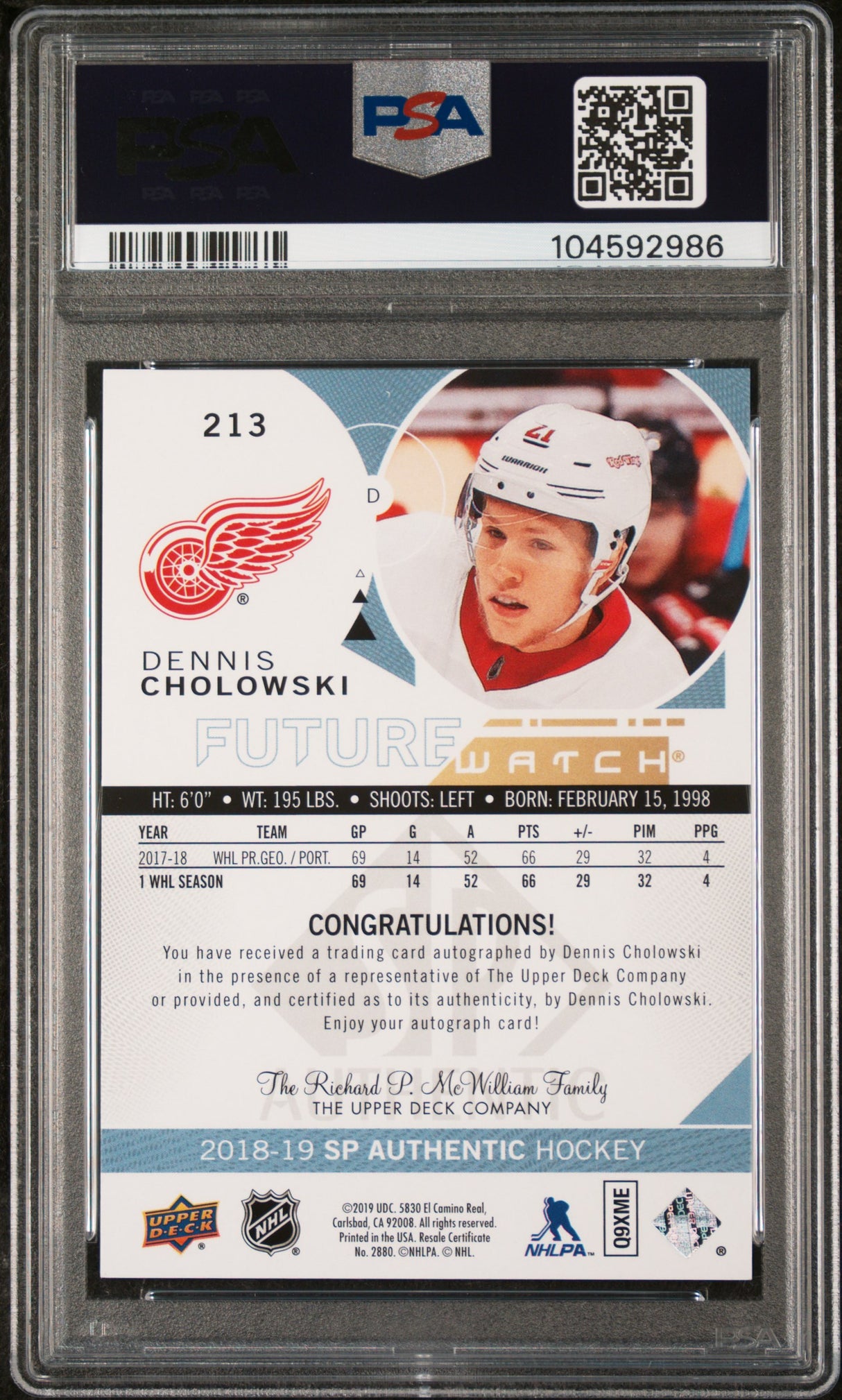 NHL Graded Card 2018 Sp Authentic [213 Dennis Cholowski Autograph-Inscription PSA 9