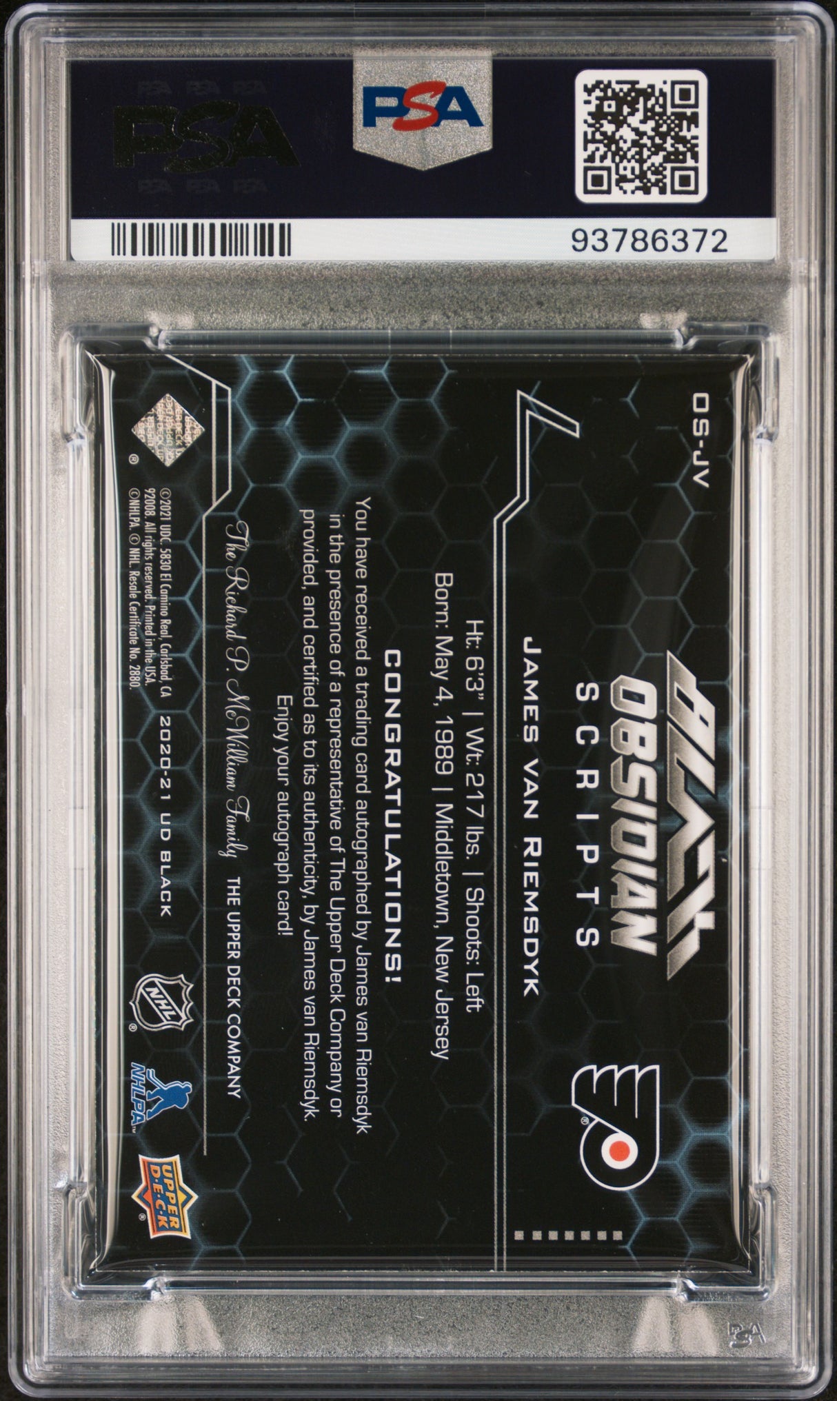 NHL Graded Card 2021 Spx Update [OSJV James Van Riemsdyk '20 Ud Blck Obsdn Rke Scr-Prp PSA 8