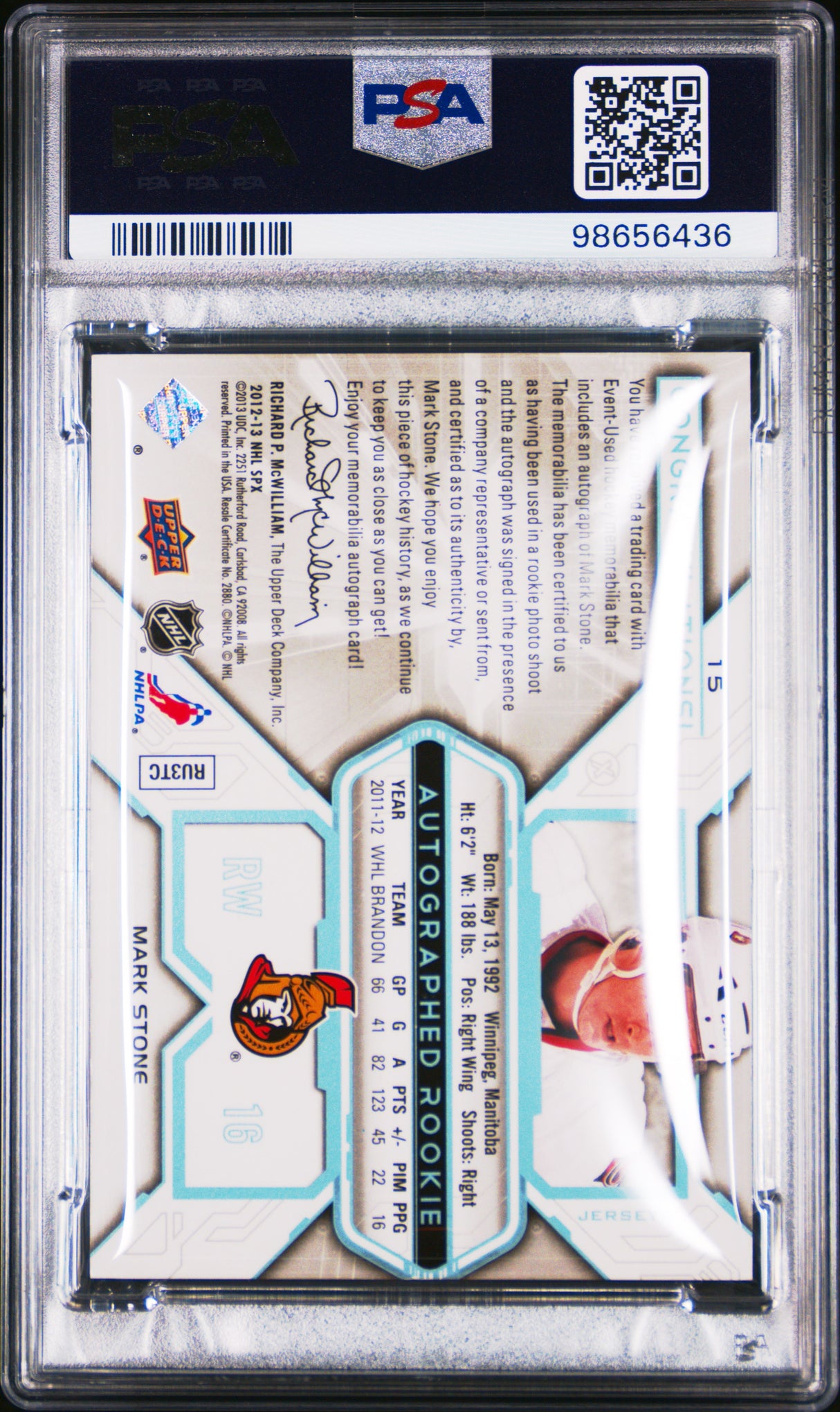 NHL Graded Card 2012 Sp Authentic Spx Autograph Jersey [15 Mark Stone Spx Autograph Jersey PSA 9