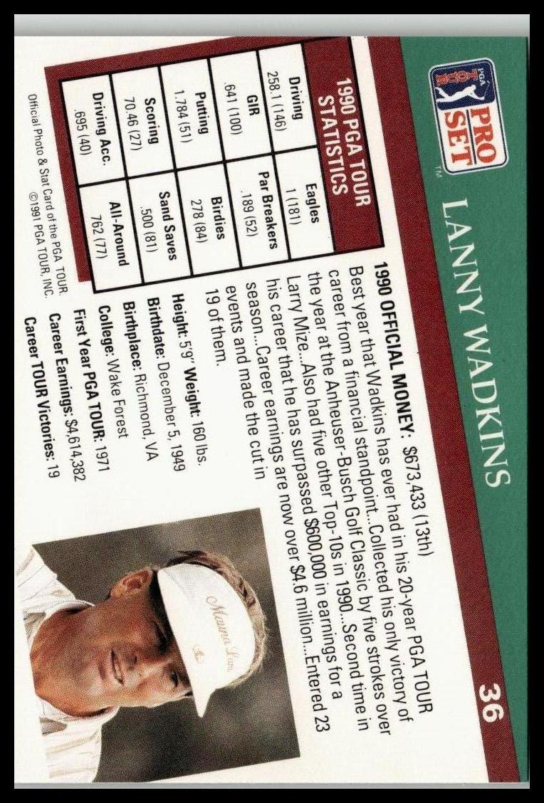 Golf Singles 1991 Pro Set PGA Tour [36 Lanny Wadkins