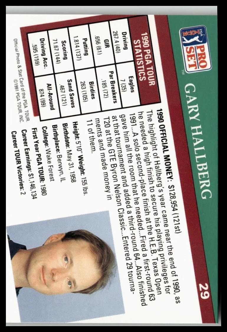 Golf Singles 1991 Pro Set PGA Tour [29 Gary Hallberg