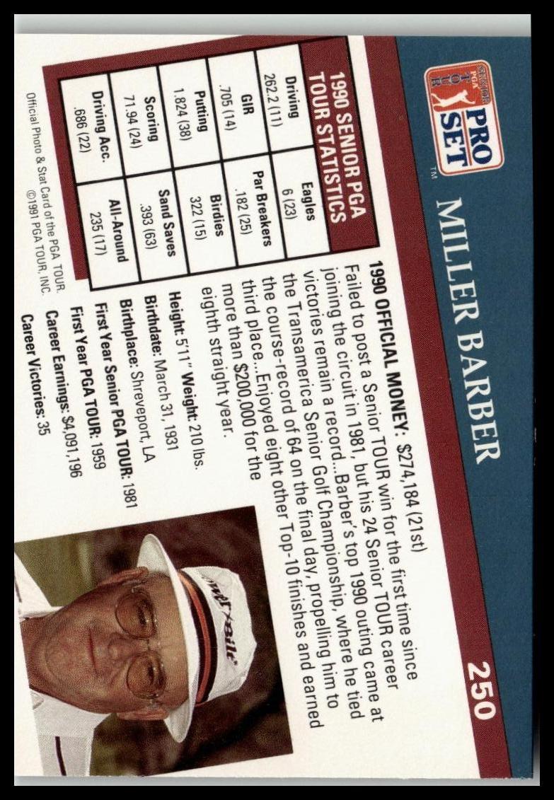 Golf Singles 1991 Pro Set PGA Tour [250 Miller Barber