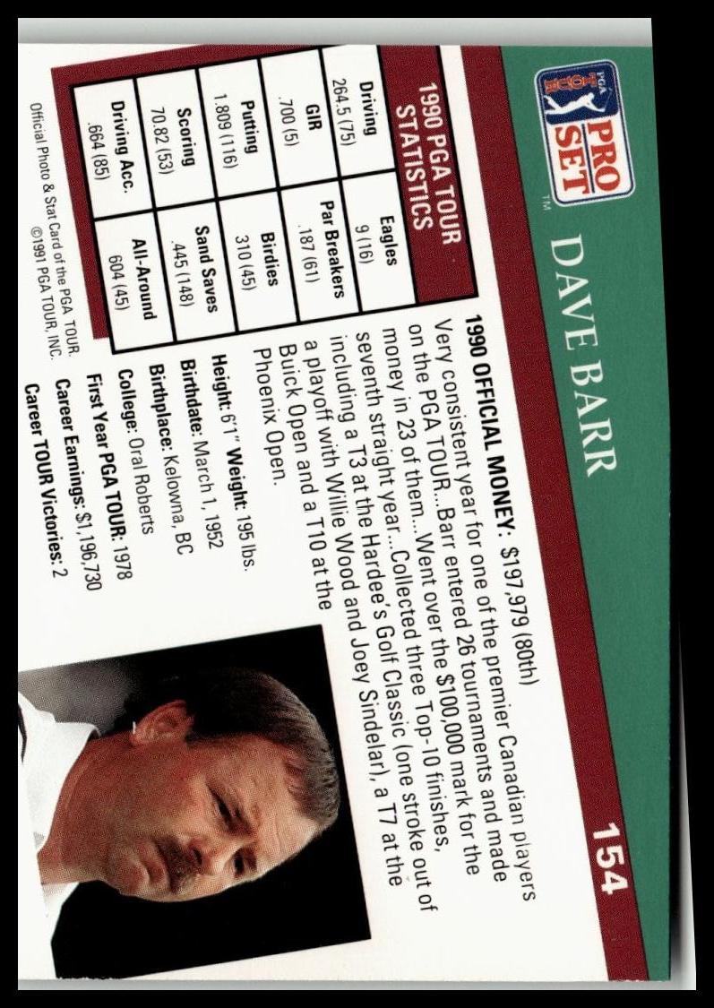 Golf Singles 1991 Pro Set PGA Tour [154 Dave Barr