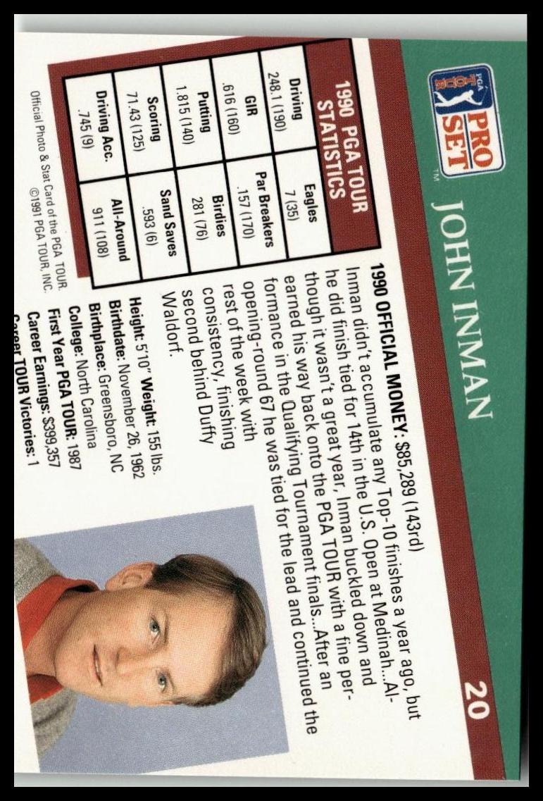 Golf Singles 1991 Pro Set PGA Tour [20 John Inman
