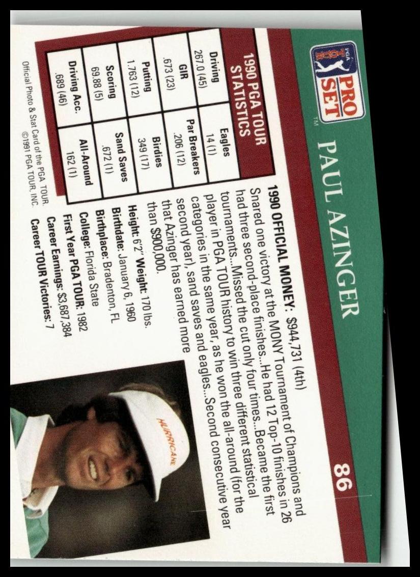 Golf Singles 1991 Pro Set PGA Tour [86 Paul Azinger