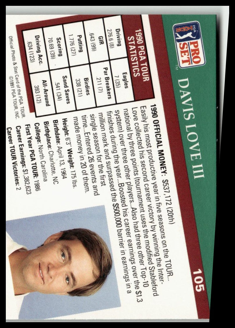 Golf Singles 1991 Pro Set PGA Tour [105 Davis Love III