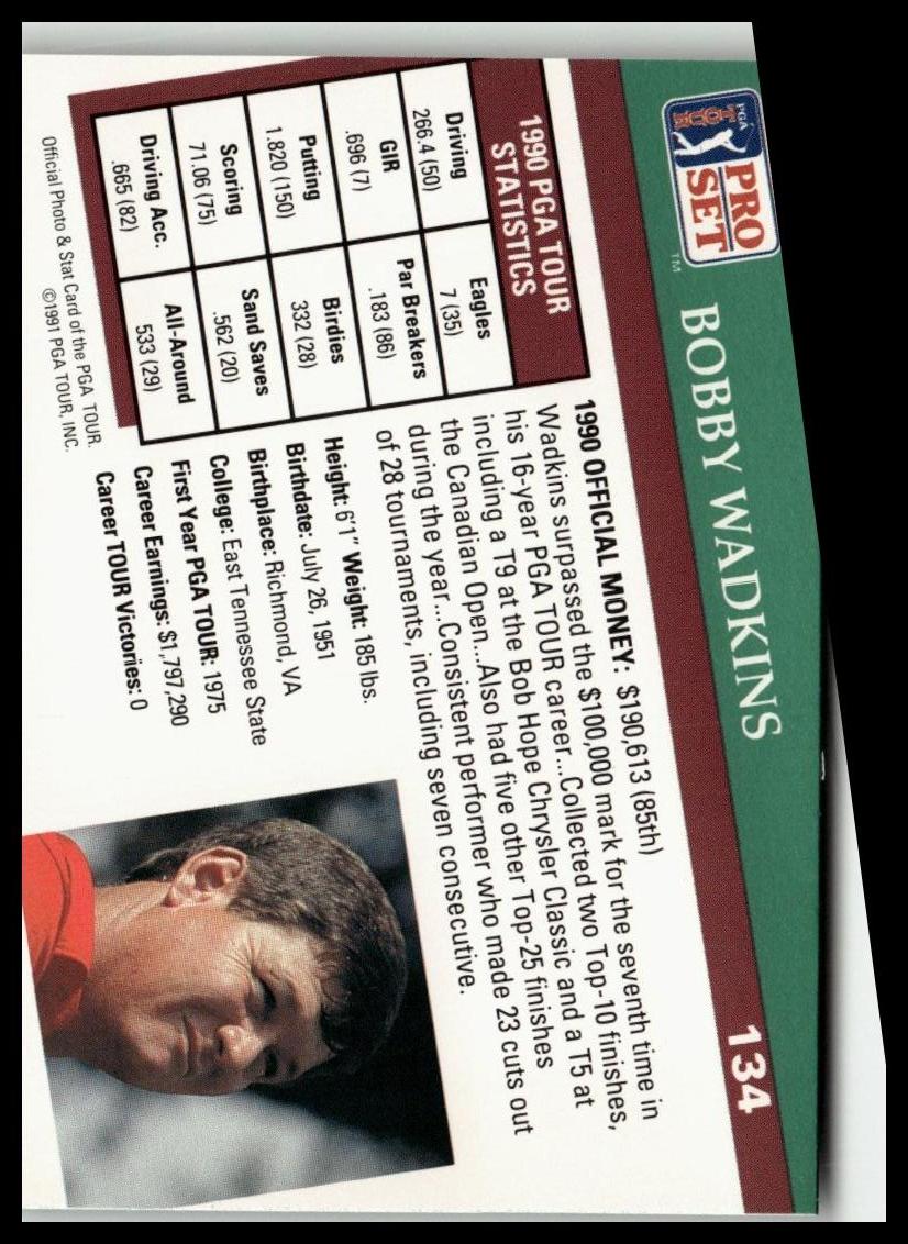 Golf Singles 1991 Pro Set PGA Tour [134 Bobby Wadkins