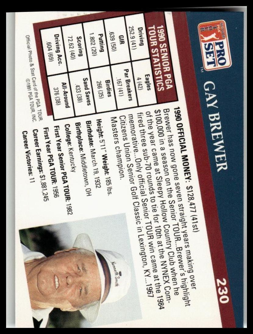 Golf Singles 1991 Pro Set PGA Tour [230 Gay Brewer