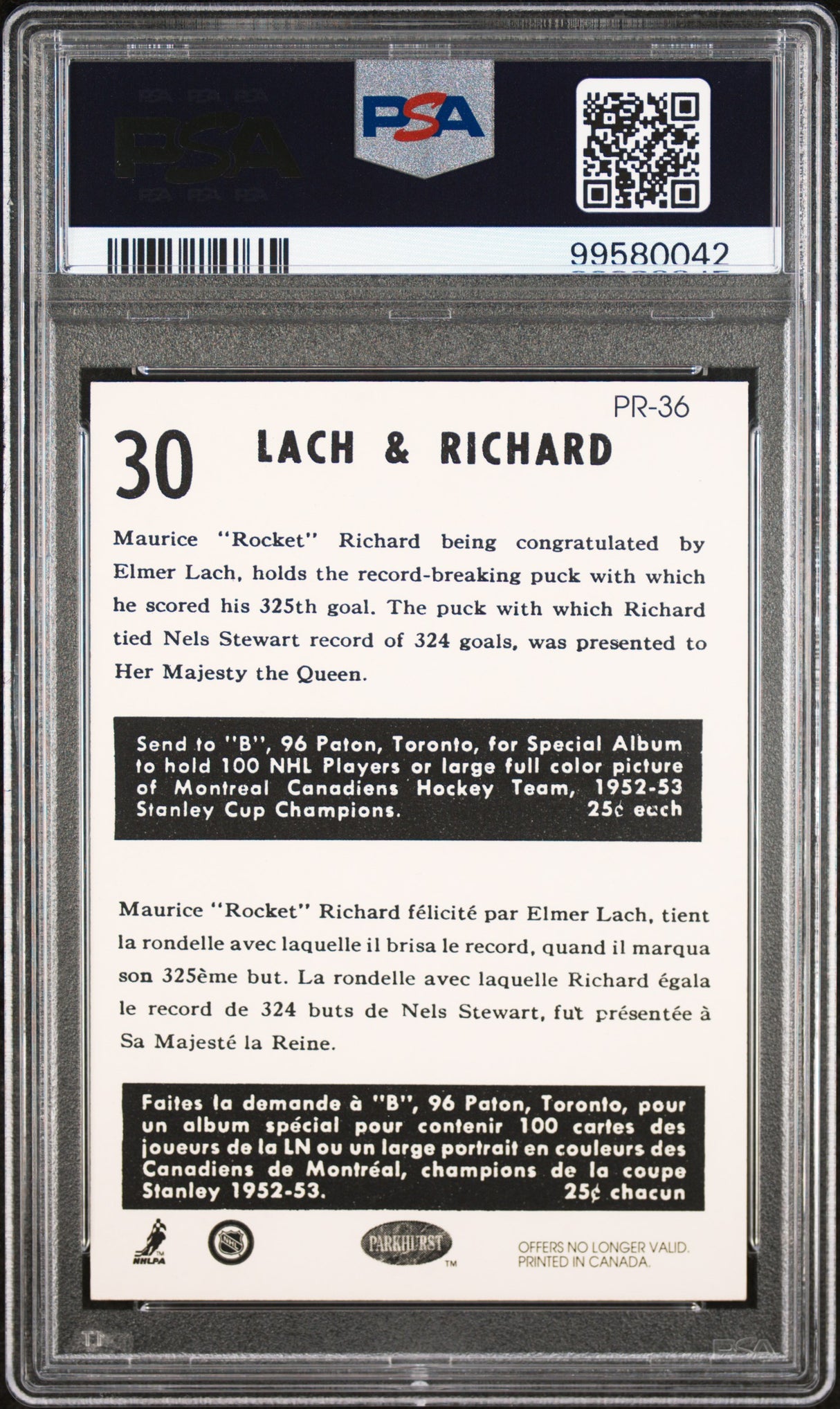 NHL Graded Card 1993 Parkhurst Parkie Reprints [PR-36 E.Lach/M.Richard Parkie Reprints PSA 8