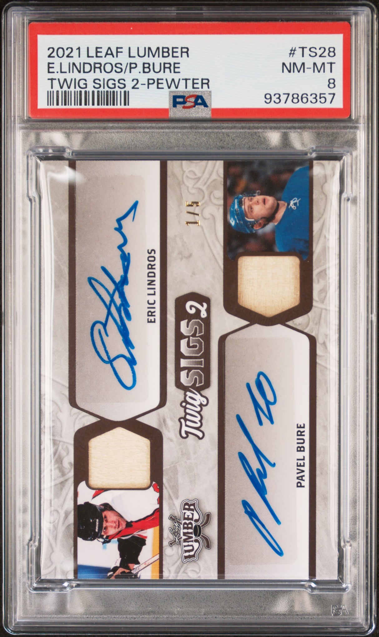 NHL Graded Card 2021 Leaf Lumber Twig Sigs 2 [TS28 E.Lindros/P.Bure Twig Sigs 2-Pewter PSA 8