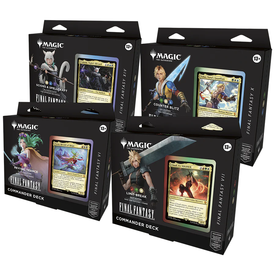 Magic: The Gathering - Final Fantasy Commander Deck (4 Count) which includes all 4 types - Revival Trance, Limit Break, Counter Blitz, and Scions & Spellcraft