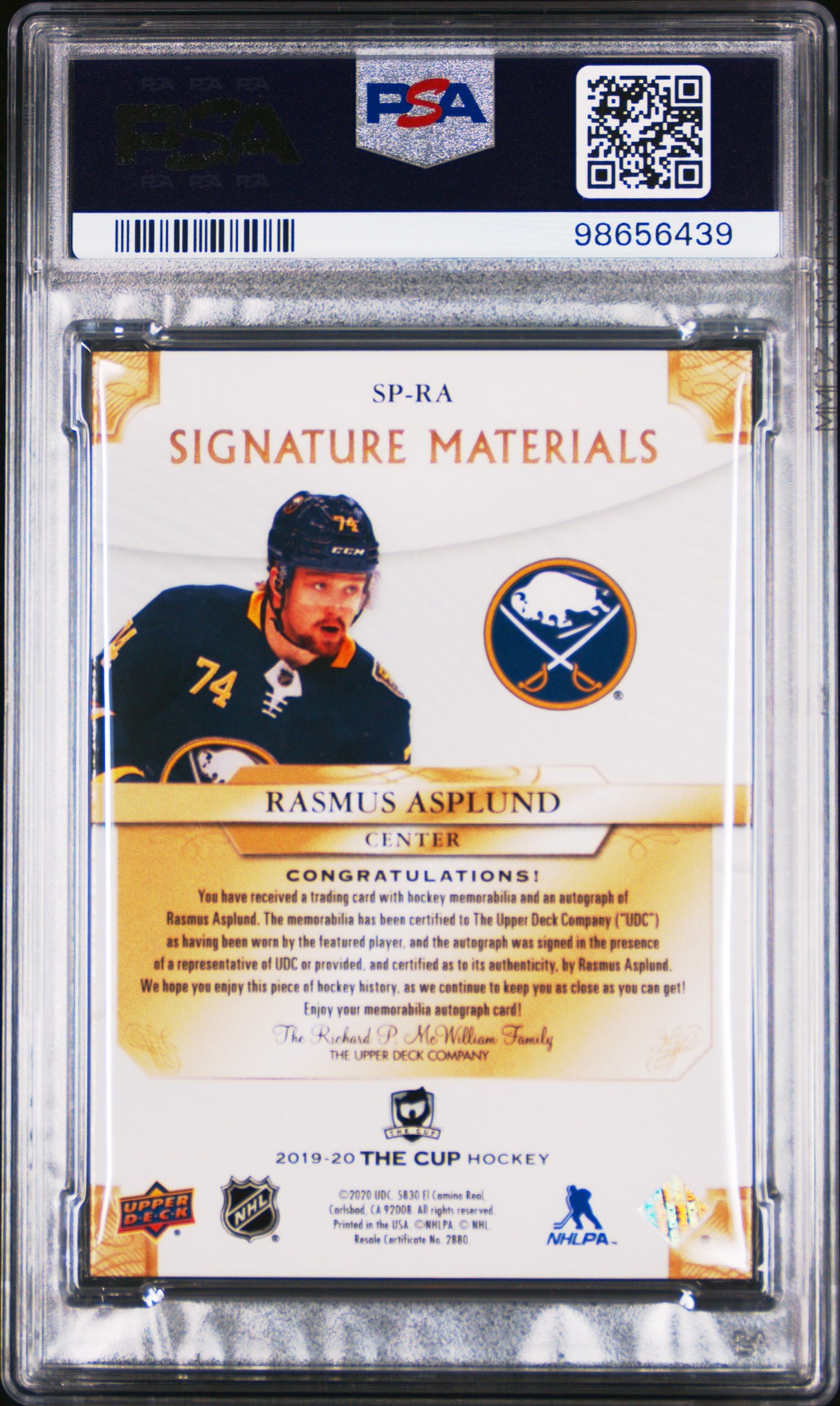 NHL Graded Card 2019 Upper Deck The Cup Signature Materials [RA Rasmus Asplund Rookies PSA 9