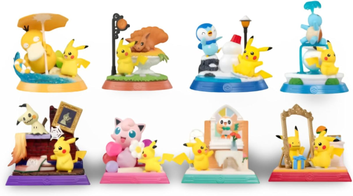A set of eight colorful Pikachu-themed figurines arranged in two rows on a plain white background. Each figure is posed in a different scene with its own base, including an umbrella scene, a picnic, a snowman, a beach cabana, a desk, a pink bear hug, a painting studio, and a mirror scene.