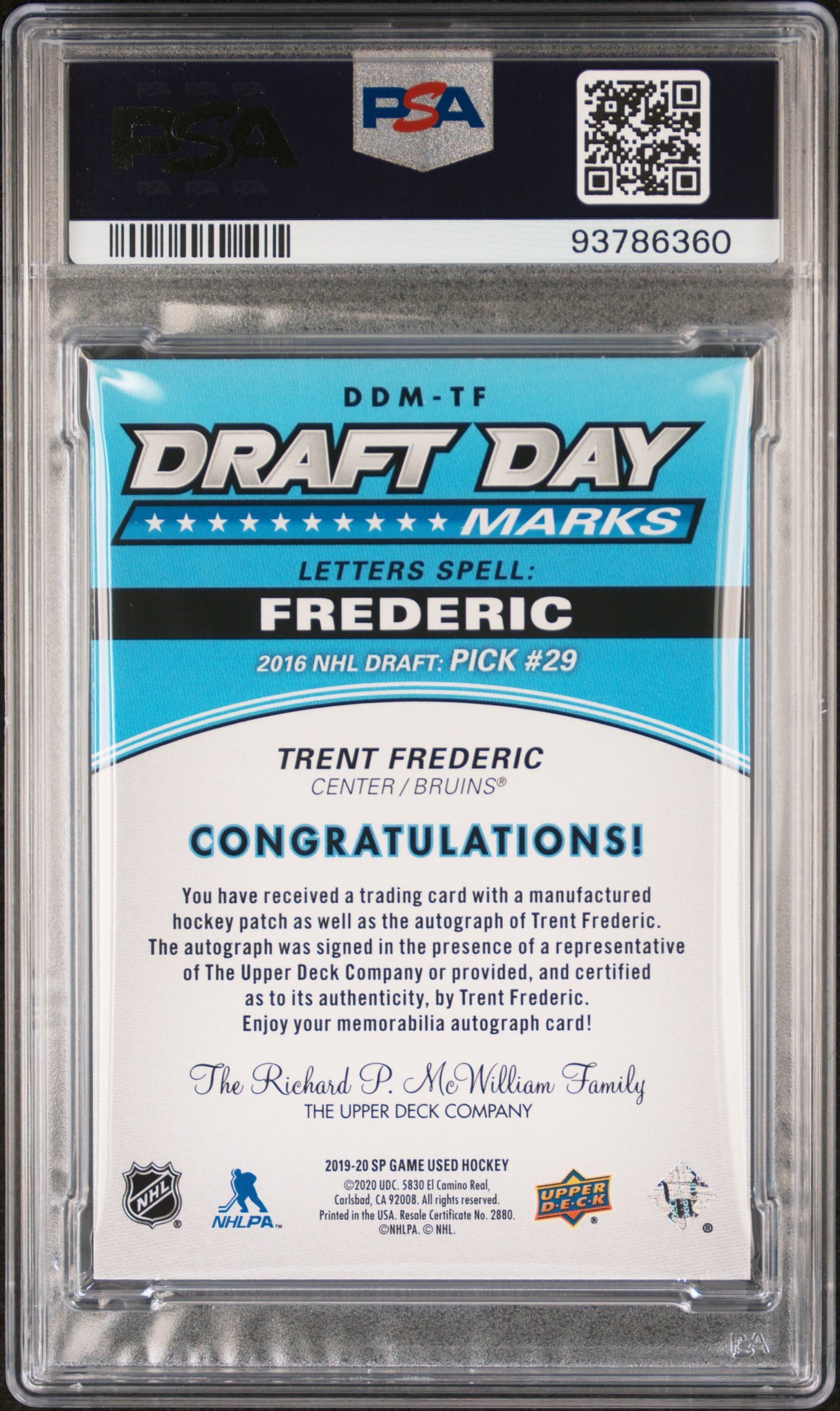 NHL Graded Card 2019 Sp Game Used Draft Day Marks [TF Trent Frederic Draft Day Marks-"R" PSA 9