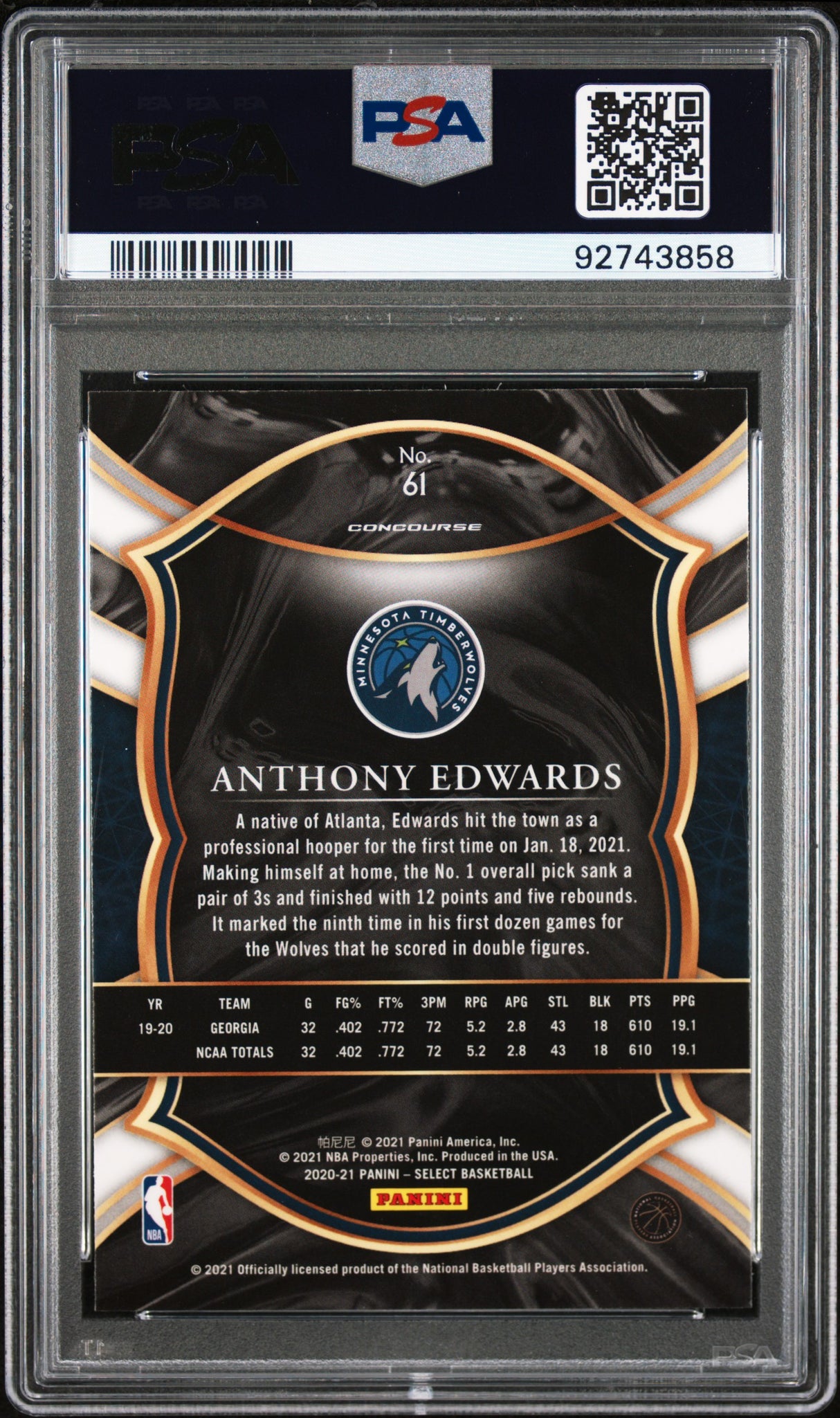 NBA Graded Card 2020 Panini Select #61 Anthony Edwards Blue Retail PSA 9