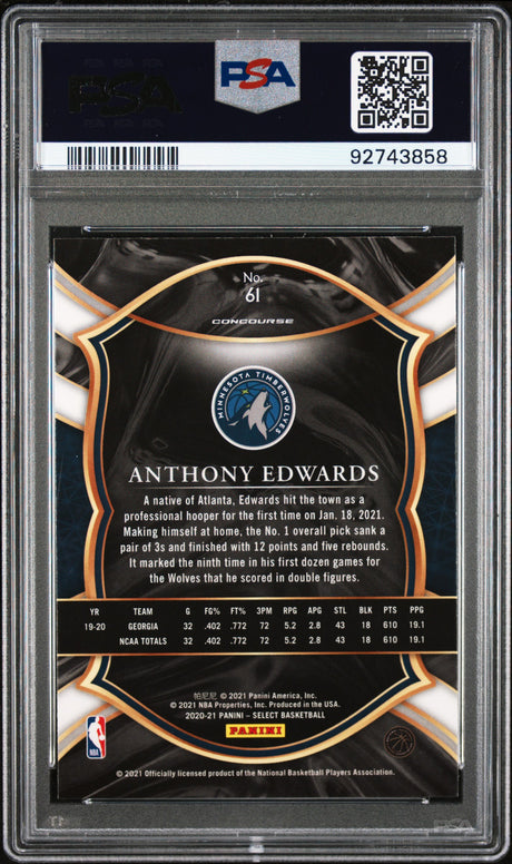 NBA Graded Card 2020 Panini Select #61 Anthony Edwards Blue Retail PSA 9