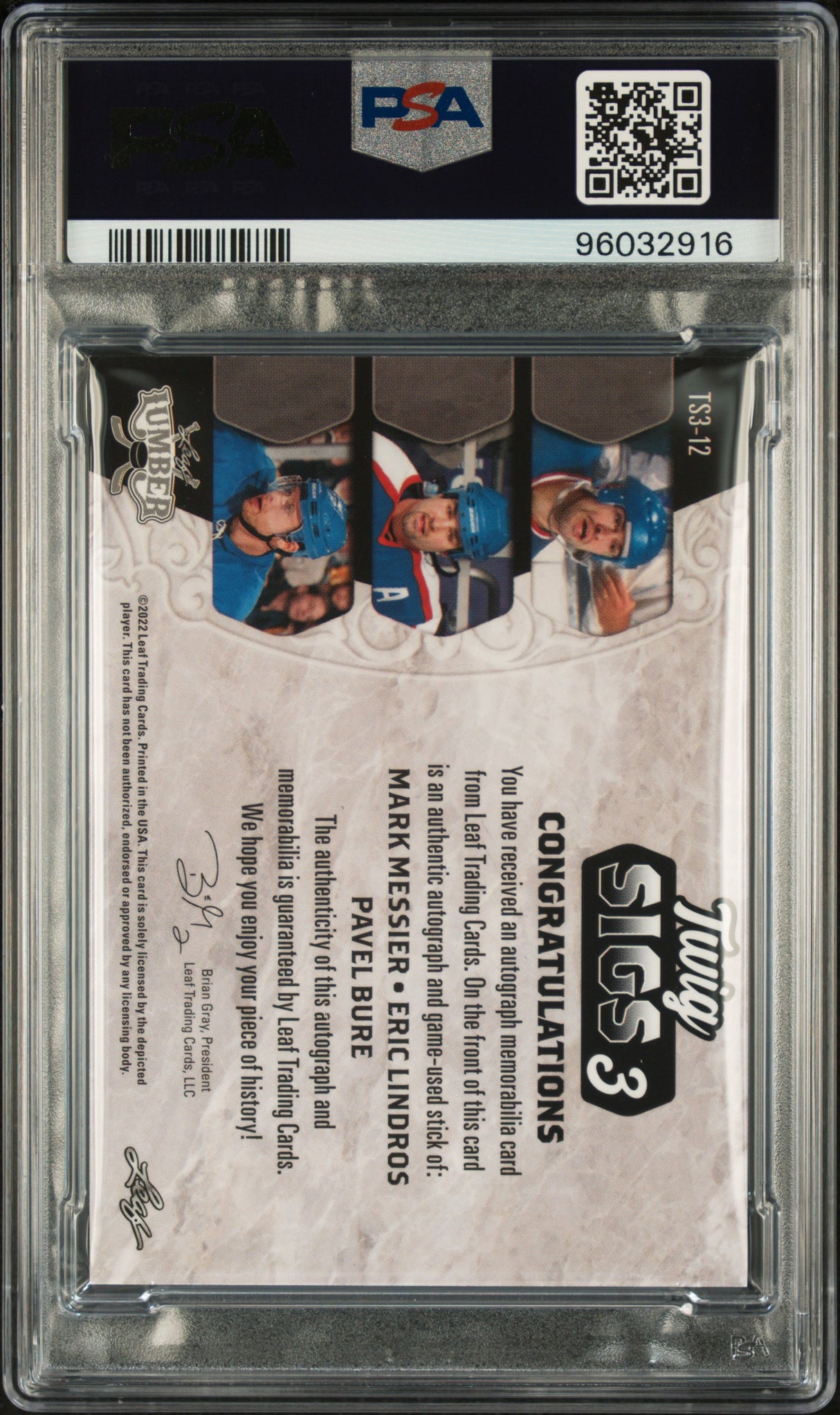 NHL Graded Card 2021 Leaf Lumber Twig Sigs 3 #TS312 Messier/Lindros/Bure Twig Sigs 3-Pewter PSA 8