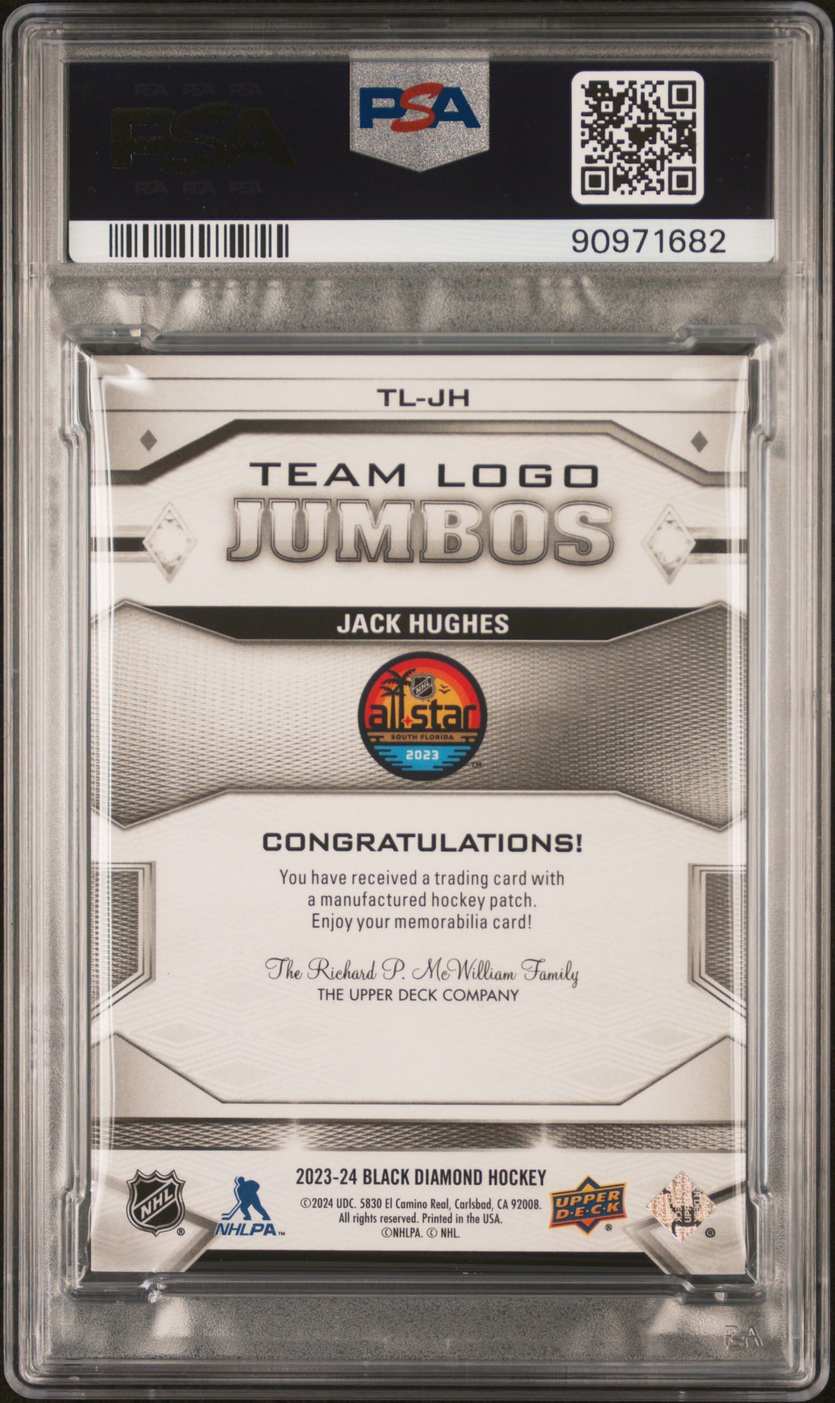 NHL Graded Card 2023 Upper Deck Black Diamond Team Logo Jumbo Patches #TLJH Jack Hughes Gold PSA 8