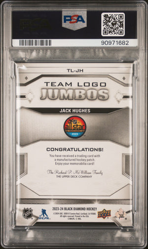 NHL Graded Card 2023 Upper Deck Black Diamond Team Logo Jumbo Patches #TLJH Jack Hughes Gold PSA 8