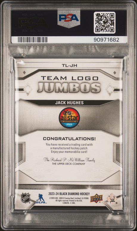 NHL Graded Card 2023 Upper Deck Black Diamond Team Logo Jumbo Patches #TLJH Jack Hughes Gold PSA 8