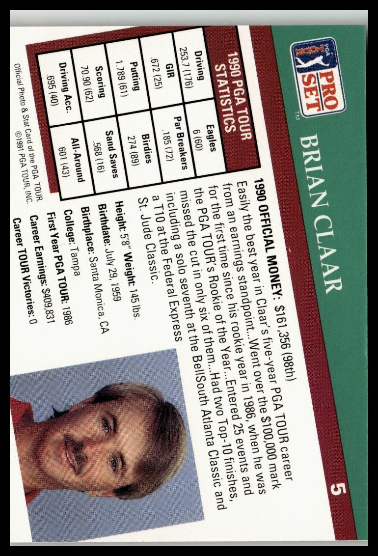 Golf Singles 1991 Pro Set PGA Tour #5 Brian Claar