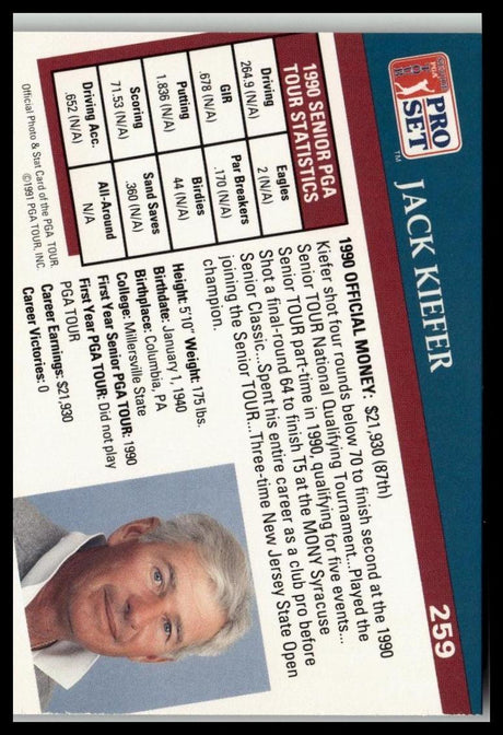 Golf Singles 1991 Pro Set PGA Tour #259 Jack Kiefer