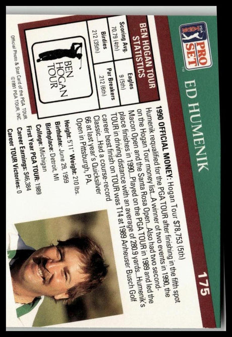 Golf Singles 1991 Pro Set PGA Tour #175 Ed Humenik