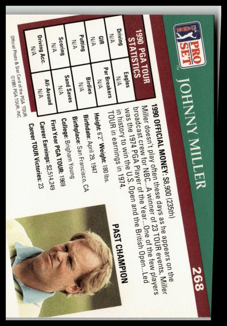 Golf Singles 1991 Pro Set PGA Tour #268 Johnny Miller