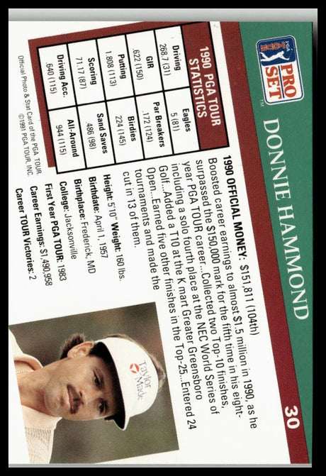 Golf Singles 1991 Pro Set PGA Tour #30 Donnie Hammond