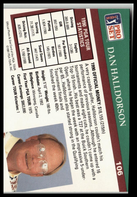 Golf Singles 1991 Pro Set PGA Tour #106 Dan Halldorson