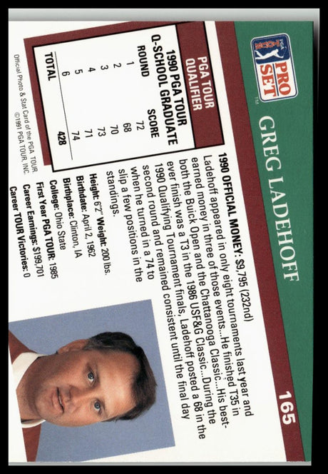 Golf Singles 1991 Pro Set PGA Tour #165 Greg Ladehoff