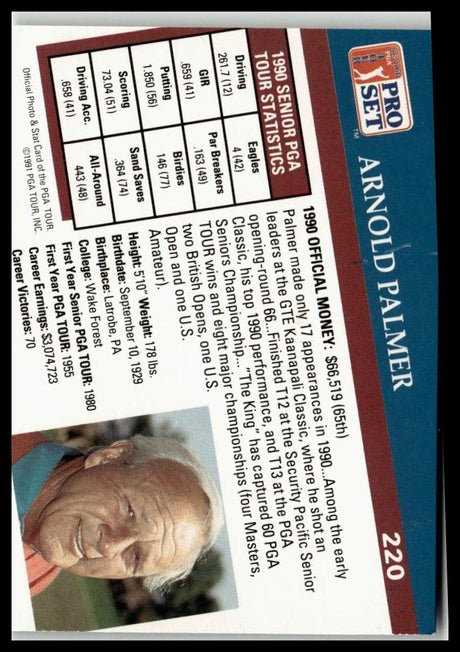 Golf Singles 1991 Pro Set PGA Tour #220 Arnold Palmer