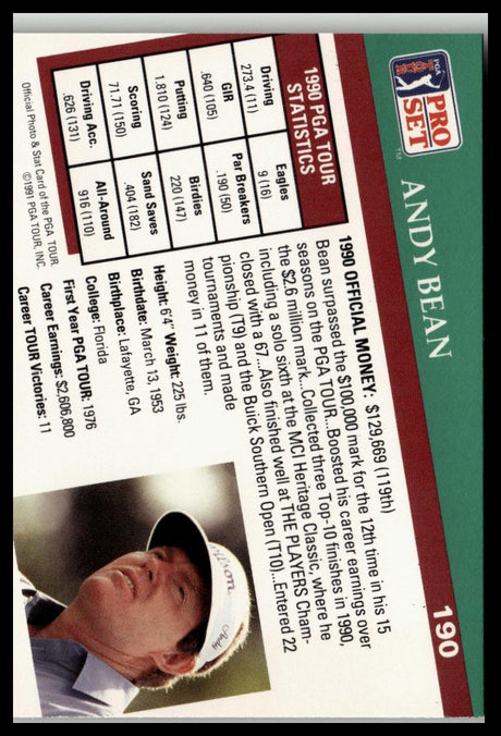 Golf Singles 1991 Pro Set PGA Tour #190 Andy Bean