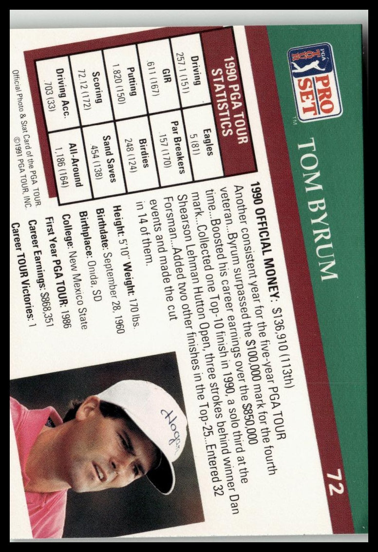 Golf Singles 1991 Pro Set PGA Tour #72 Tom Byrum
