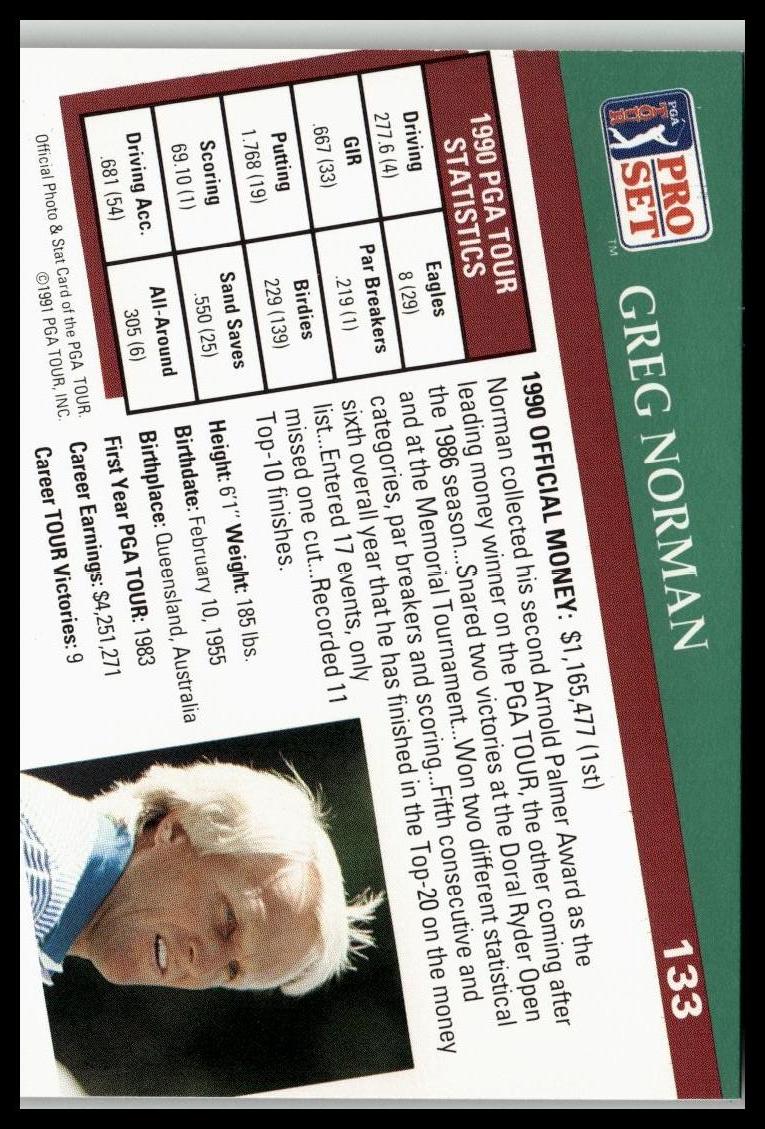 Golf Singles 1991 Pro Set PGA Tour #133 Greg Norman