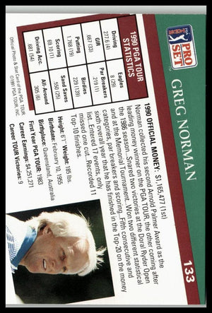 Golf Singles 1991 Pro Set PGA Tour #133 Greg Norman