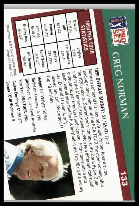 Golf Singles 1991 Pro Set PGA Tour #133 Greg Norman