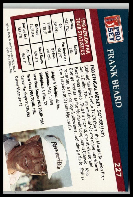 Golf Singles 1991 Pro Set PGA Tour #227 Frank Beard