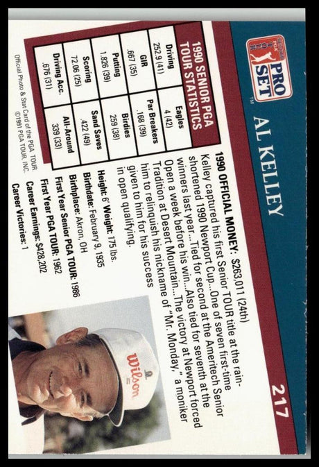 Golf Singles 1991 Pro Set PGA Tour #217 Al Kelley