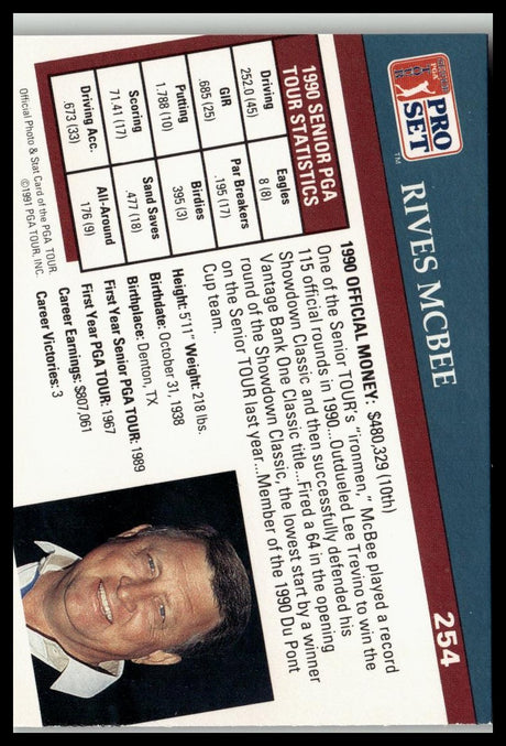 Golf Singles 1991 Pro Set PGA Tour #254 Rives McBee