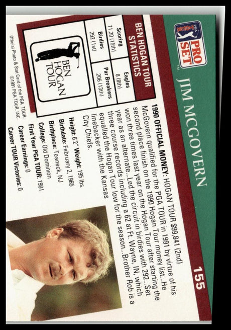 Golf Singles 1991 Pro Set PGA Tour #155 Jim McGovern