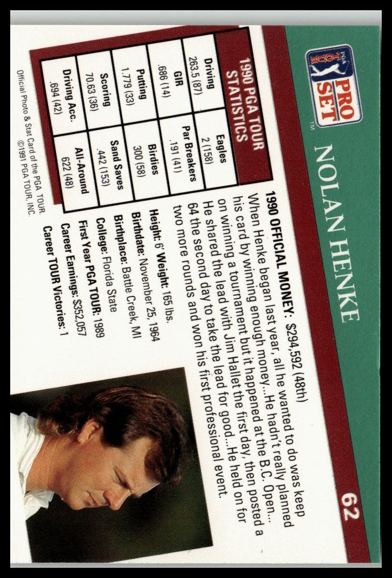 Golf Singles 1991 Pro Set PGA Tour #62 Nolan Henke