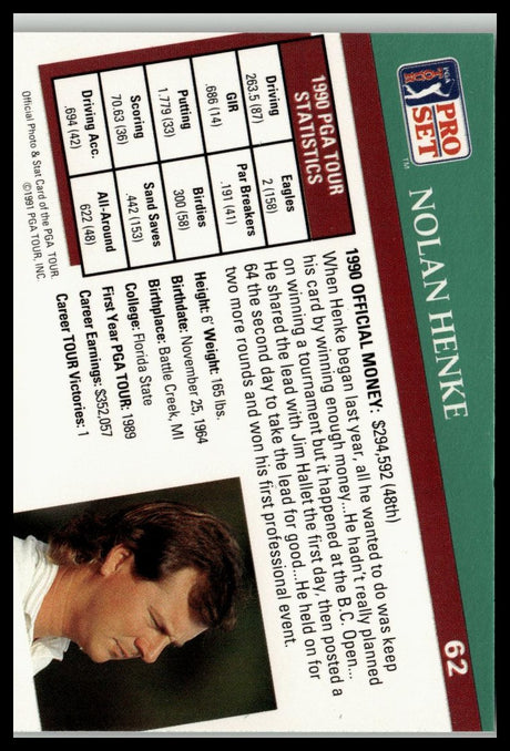 Golf Singles 1991 Pro Set PGA Tour #62 Nolan Henke
