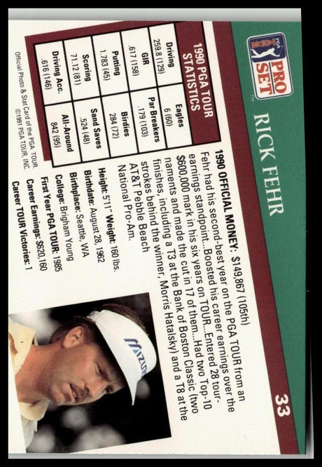 Golf Singles 1991 Pro Set PGA Tour #33 Rick Fehr