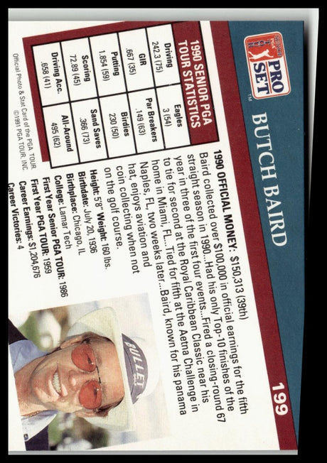 Golf Singles 1991 Pro Set PGA Tour #199 Butch Baird